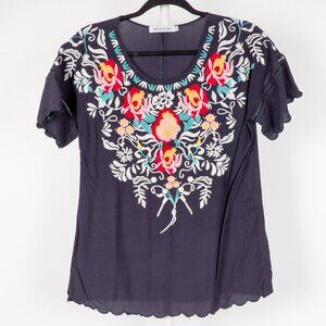 Misslook Womens Blouse M Shirt Embroidered Floral Black Short Sleeve Rayon